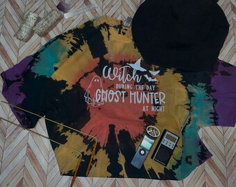 Witch During the Day, Ghost Hunter at Night Tie-Dye T-Shirt; Halloween T-Shirt