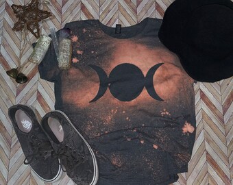 Triple Moon Goddess Bleached T-Shirt; Halloween T-Shirt; Witch T-Shirt