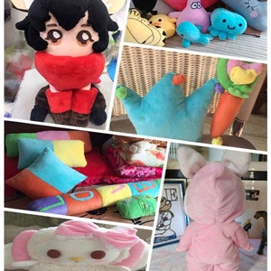 May include: A collection of plush toys, including a pink bunny rabbit, a white and pink fluffy toy with a pink bow, a blue crown-shaped pillow, a red and brown plush animal with a red scarf, and a variety of colorful pillows.