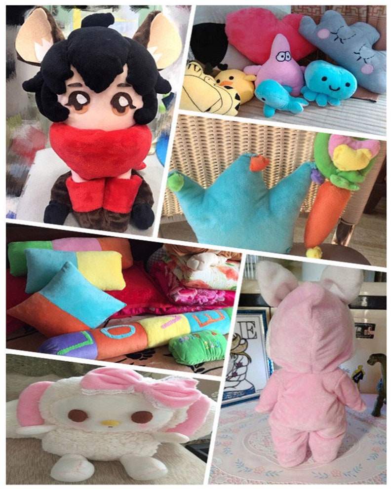 May include: A collection of plush toys, including a pink bunny rabbit, a white and pink fluffy toy with a pink bow, a blue crown-shaped pillow, a red and brown plush animal with a red scarf, and a variety of colorful pillows.