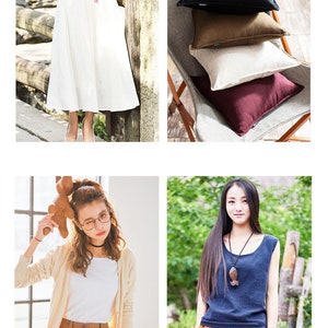 May include: Four different images of women wearing various clothing styles. The first image shows a woman wearing a white skirt and a white top. The second image shows a woman wearing a white top, brown pants, and a beige cardigan. The third image shows a woman wearing a navy blue tank top and orange pants. The fourth image shows a stack of four pillows in different colors and textures.
