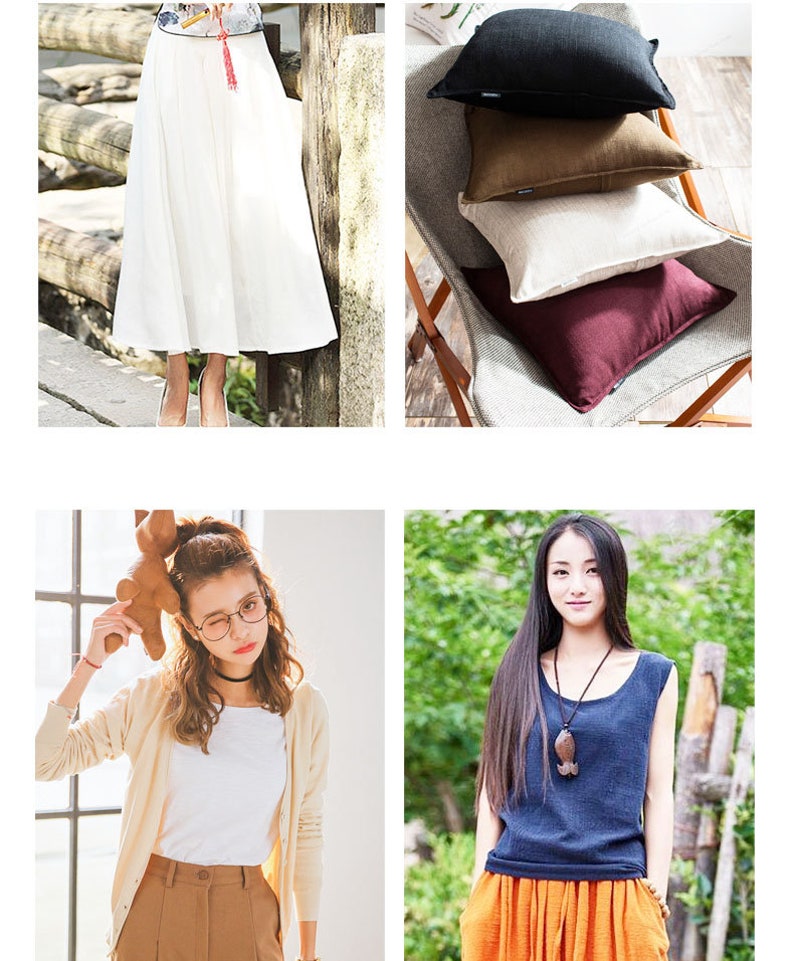 May include: Four different images of women wearing various clothing styles. The first image shows a woman wearing a white skirt and a white top. The second image shows a woman wearing a white top, brown pants, and a beige cardigan. The third image shows a woman wearing a navy blue tank top and orange pants. The fourth image shows a stack of four pillows in different colors and textures.
