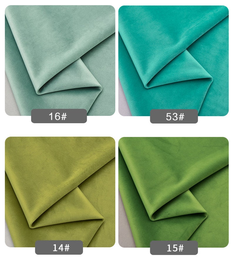 May include: Four fabric swatches in different shades of green. The swatches are folded in half and labeled with numbers: 16#, 53#, 14#, and 15#.
