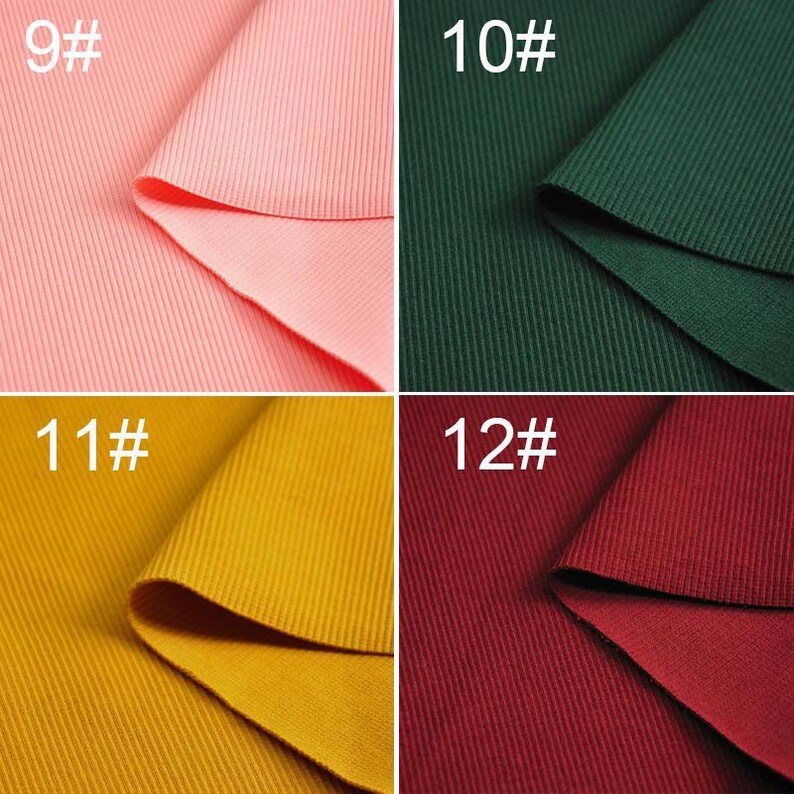 May include: Four fabric swatches in different colors: pink, green, yellow, and red. Each swatch has a number printed on it: 9#, 10#, 11#, and 12#.