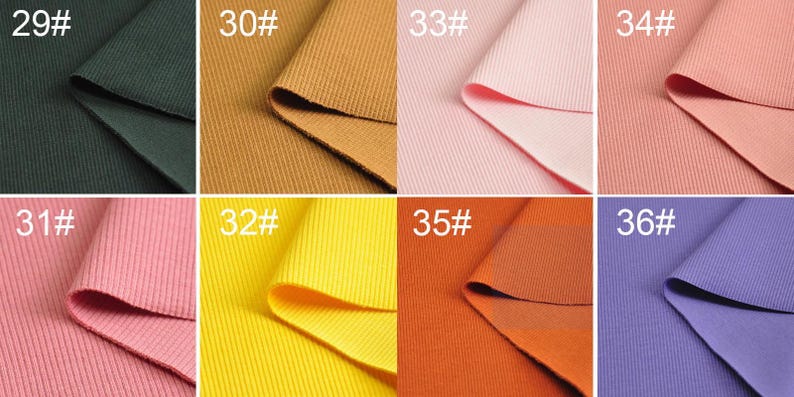 May include: A close-up of eight different colors of ribbed fabric swatches. The swatches are labeled with numbers 29 through 36.
