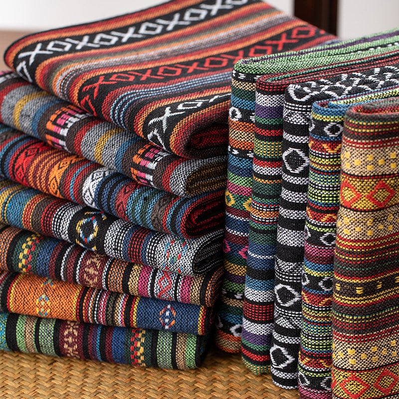 Tissu Ethnique à Rayures Coton/Lin - Motif Bohème Indien Méditerranéen - Largeur ~140cm, Vendu Au Mètre