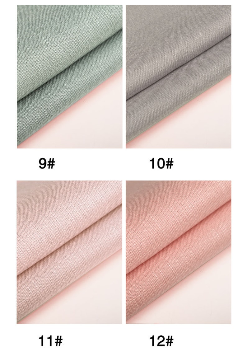 May include: Four fabric swatches in different colors. The swatches are folded in half and show the texture of the fabric. The colors are light green, gray, light pink, and pink.