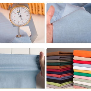 May include: A close-up of a light blue fabric being stretched and measured with a gauge. The fabric is smooth and has a slight sheen. A stack of fabric swatches in various colors is shown in the bottom right corner.