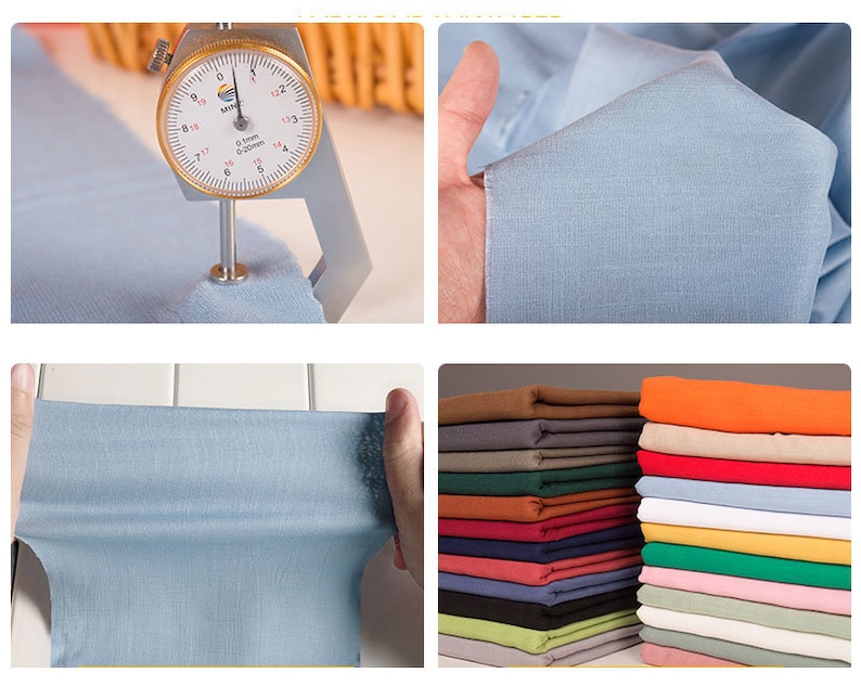 May include: A close-up of a light blue fabric being stretched and measured with a gauge. The fabric is smooth and has a slight sheen. A stack of fabric swatches in various colors is shown in the bottom right corner.