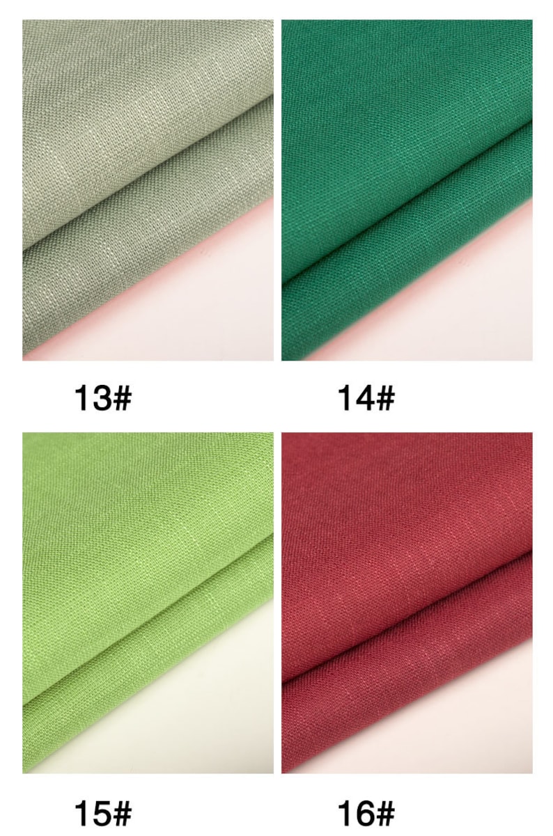 May include: Four fabric swatches in different colors: light green, dark green, light green, and burgundy red. The swatches are folded in half and the fabric has a textured weave.