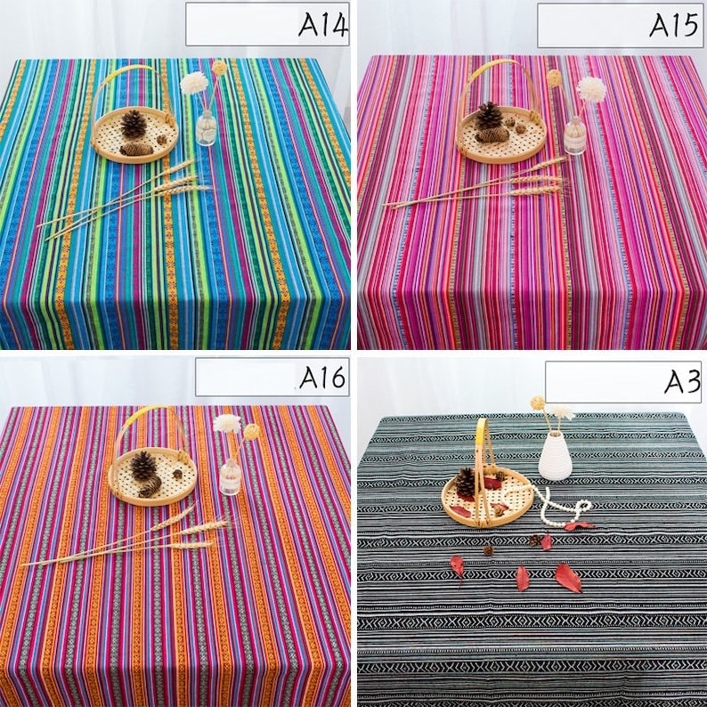 May include: Four different tablecloths with colorful striped and geometric patterns. The tablecloths are made of a woven fabric and have a rustic, bohemian style.