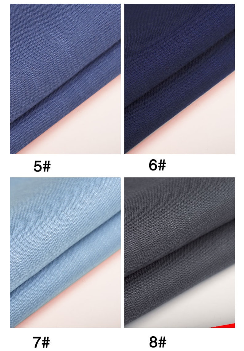 May include: Four fabric swatches in different shades of blue and gray. The swatches are folded in half and arranged in a grid pattern. The swatches are labeled with numbers 5, 6, 7, and 8.