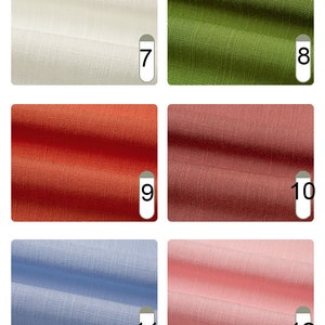 May include: A collection of fabric swatches in various colors. The swatches include off-white, olive green, burnt orange, mauve, light blue, and pale pink. Each swatch is labeled with a number from 7 to 12.