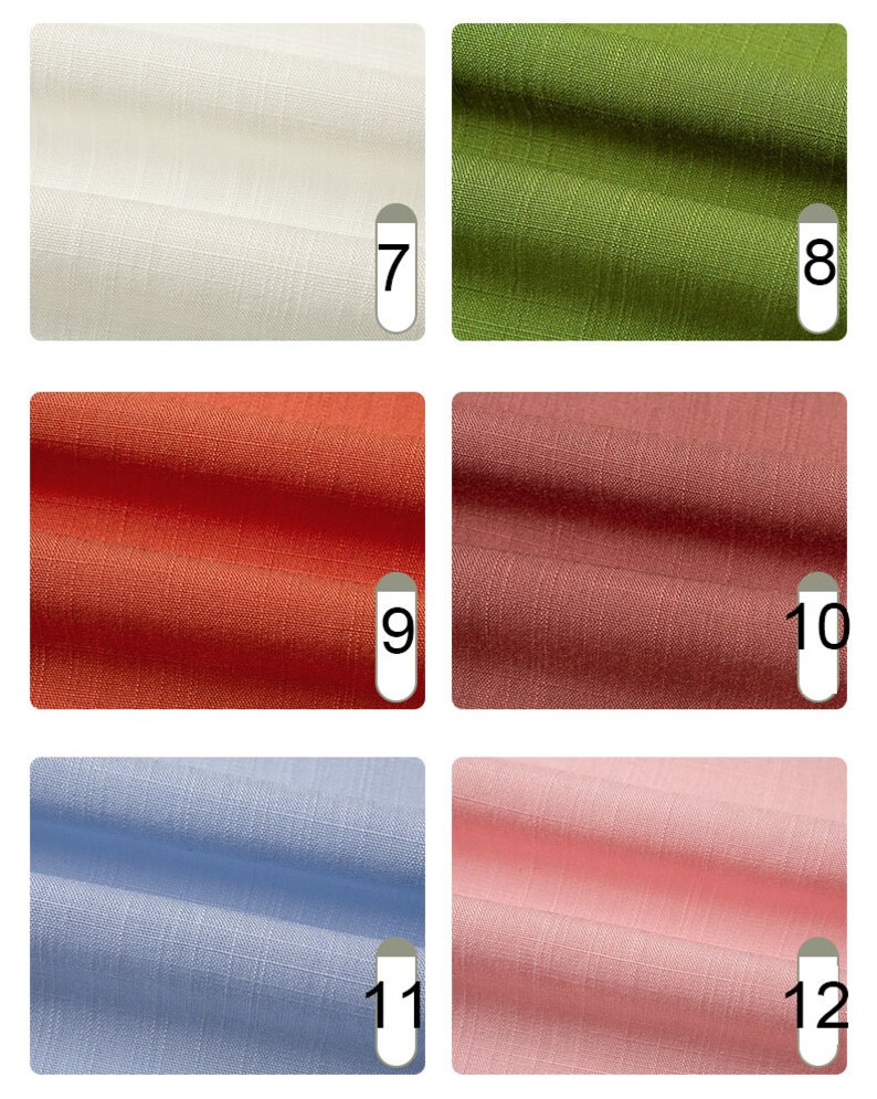 May include: A collection of fabric swatches in various colors. The swatches include off-white, olive green, burnt orange, mauve, light blue, and pale pink. Each swatch is labeled with a number from 7 to 12.