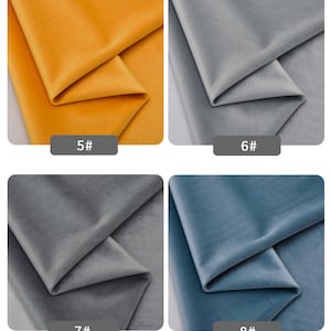 May include: Four fabric swatches in different colors: mustard yellow, light gray, dark gray, and light blue. The swatches are folded in half and labeled with numbers 5, 6, 7, and 8.