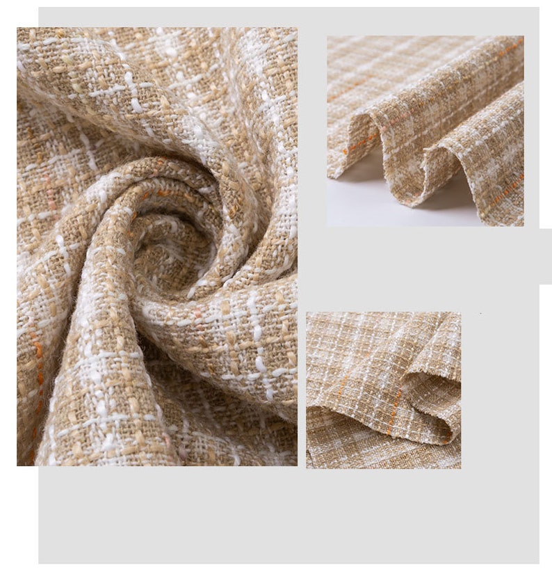 Op de afbeelding: Close-up van een geweven stof in beige en wit met een geruit patroon. De stof is zacht en textuurrijk, met een subtiele glans.