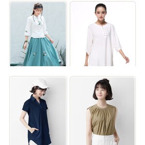 May include: A collection of women's clothing, including a white embroidered top with a teal skirt, a white tunic, a navy blue collared shirt, and an olive green sleeveless top. The garments are displayed on a white background.