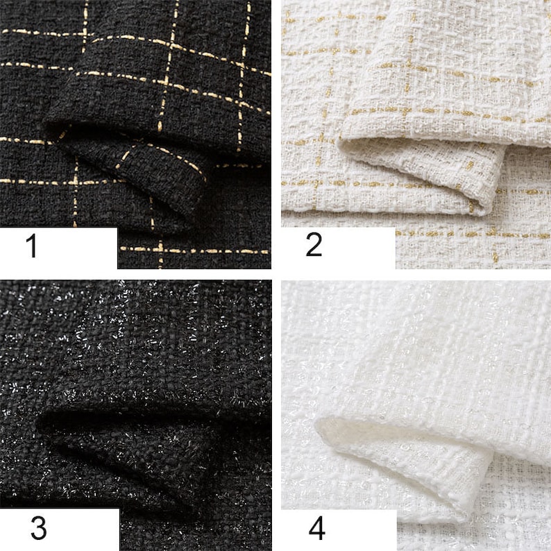 Op de afbeelding: Vier stofstalen, elk met een andere textuur en kleur. De eerste staal is zwart met een gouden rasterpatroon. De tweede staal is wit met een gouden rasterpatroon. De derde staal is zwart met een glinsterende textuur. De vierde staal is wit met een glinsterende textuur.