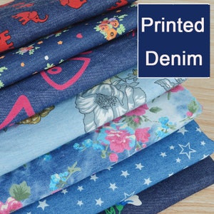 Washed Denim Fabric, Multicolored Printed Denim, Lightweight Denim Fabric, Sewing Fabric, By The Half Yard