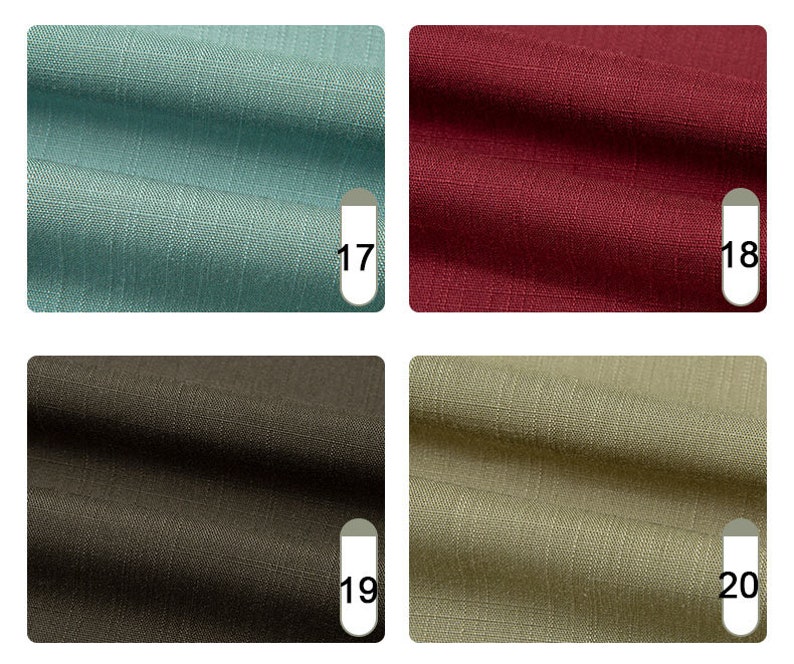 May include: Four fabric swatches in shades of teal, burgundy, dark brown, and olive green. Each swatch has a textured appearance and is labeled with a number. The fabric appears to be linen or a similar woven material, suitable for apparel or home decor.