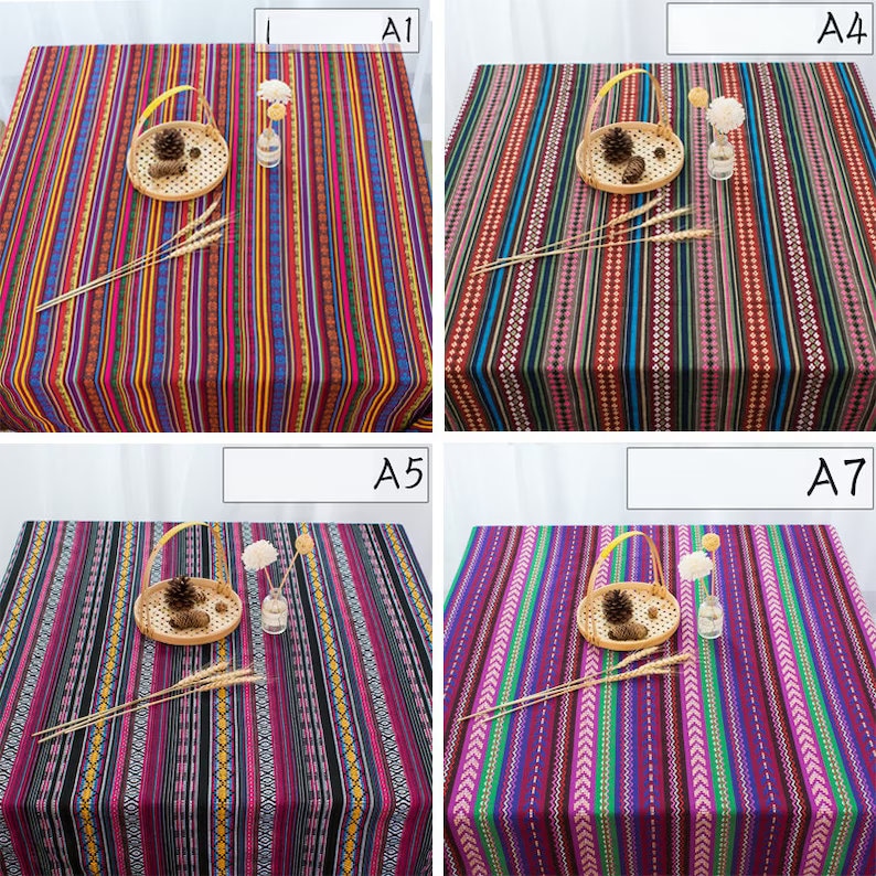 May include: Four different tablecloths with colorful striped patterns. Each tablecloth features a woven design with various colors, including red, blue, green, yellow, and black. The tablecloths are displayed on a white background.