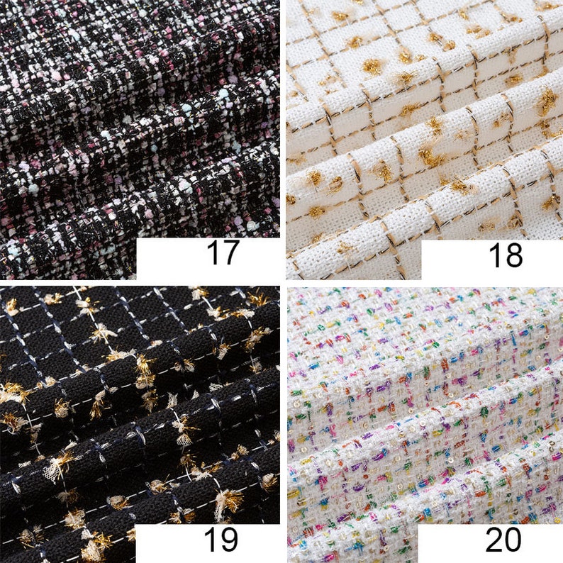 Op de afbeelding: Vier verschillende stofstalen met een tweed-textuur. De stalen zijn zwart-wit met gouden draad, wit met gouden draad, zwart met gouden draad en wit met veelkleurige draad.