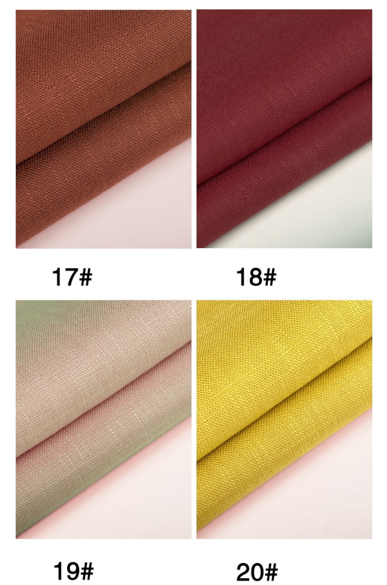 May include: Four fabric swatches in different colors: brown, burgundy, light pink, and yellow. The swatches are folded in half and placed on a light pink background.