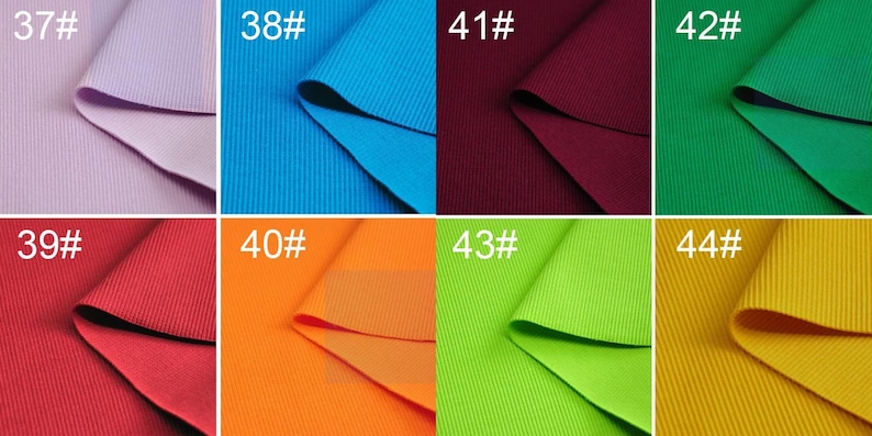 May include: Eight fabric swatches in different colors, including lavender, blue, burgundy, green, red, orange, lime green, and yellow. Each swatch has a number printed on it, ranging from 37 to 44.