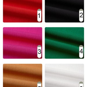 May include: Close-up of six fabric swatches in various colors: red, black, fuchsia, green, tan, and white. Each swatch is labeled with a number from 1 to 6, indicating different color options for textiles or clothing.