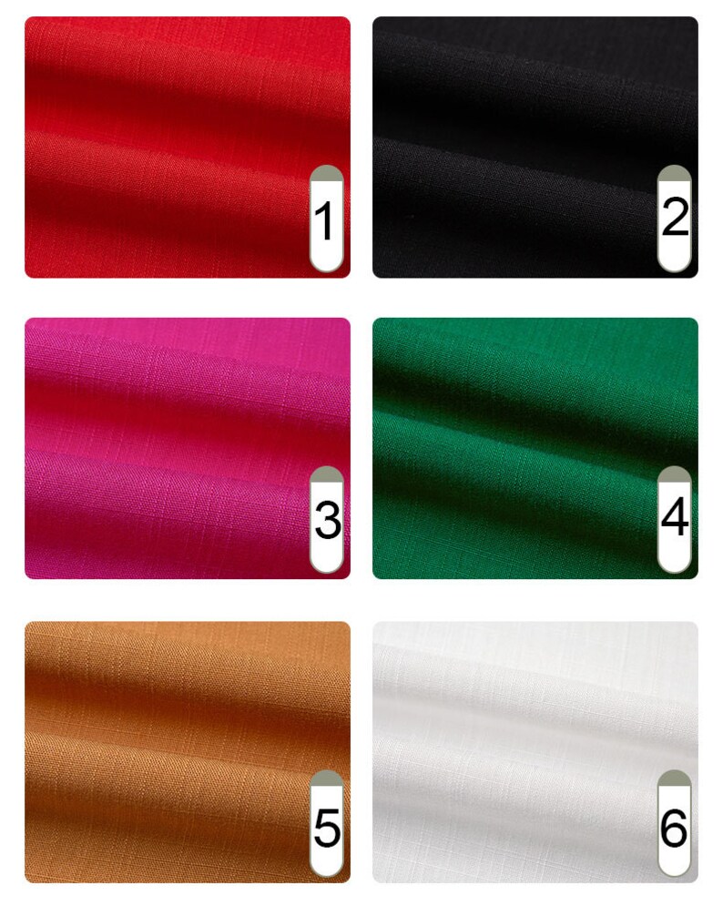 May include: Close-up of six fabric swatches in various colors: red, black, fuchsia, green, tan, and white. Each swatch is labeled with a number from 1 to 6, indicating different color options for textiles or clothing.
