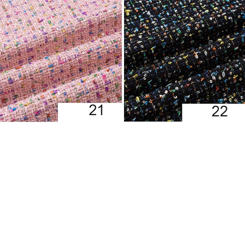 Op de afbeelding: Close-up van twee stofstalen. De staal links is roze met veelkleurige vlekken. De staal rechts is zwart met veelkleurige vlekken. De stalen zijn gemarkeerd met 21 en 22.