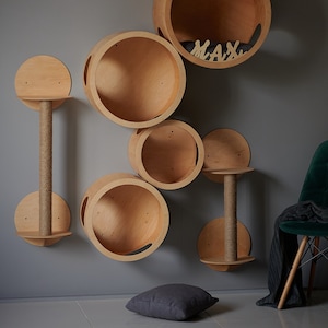 May include: A set of wooden cat shelves in various sizes and shapes, mounted on a grey wall. The shelves are arranged in a cascading pattern, with the largest shelf at the top and the smallest shelf at the bottom. The shelves are made of natural wood and have a smooth finish. A green velvet chair is in the foreground. The word "MAX" is spelled out in wooden letters on one of the shelves.