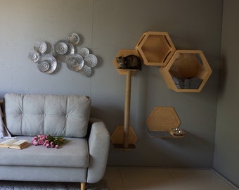Hexagon Cat Wall Set, Birch Ply, Cat Shelves, Feeder, Perch