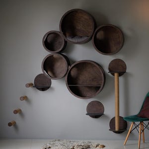 Puede incluir: Un árbol para gatos de pared con múltiples estantes circulares y un poste para rascar. Los estantes están hechos de madera oscura y están dispuestos en un patrón circular. El poste para rascar está cubierto de cuerda de sisal y está unido a uno de los estantes.