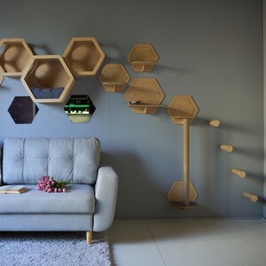 May include: A grey sofa with a floral bouquet on the seat sits in front of a wall with a cat tree and hexagonal shelves. The shelves are made of wood and are arranged in a honeycomb pattern.