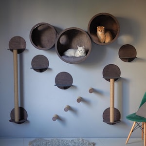 Puede incluir: Un árbol para gatos de pared con múltiples estantes circulares y postes para rascar. Dos gatos están descansando en los estantes. Los estantes están hechos de madera oscura y los postes para rascar están cubiertos de cuerda de sisal.