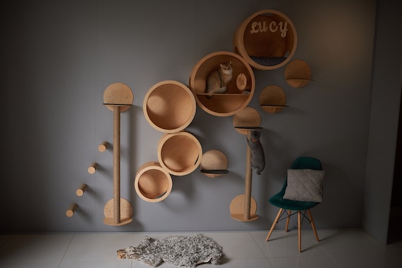 Wandmontiertes Katzenbaumhaus Pilz-Design – Massivholz, Mit Kratzbaum & Hängematte, Klettersystem Für Innen