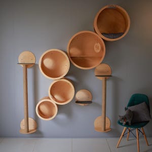 Puede incluir: Un árbol para gatos de madera montado en la pared con múltiples estantes circulares y un poste para rascar. El árbol para gatos está en una habitación gris claro con una silla verde y un gato gris sentado en ella.
