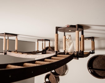 Ensemble de 4 maisons pour chats suspendues et 4 ponts de plafond - Zone d&#39;activités modulaire pour chats pour un jeu actif
