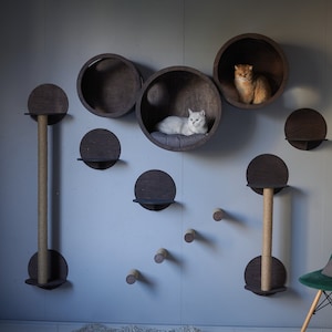 May include: A wall-mounted cat tree with multiple circular shelves and scratching posts. Two cats are resting on the shelves. The cat tree is made of dark wood and has a modern design.
