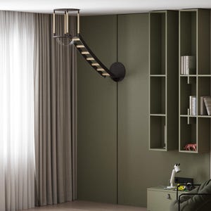Puede incluir: Un moderno muro de escalada para gatos con marco negro y escalones de madera. El diseño montado en la pared incluye una rampa curva y una plataforma circular, sobre una pared verde. También hay una estantería con libros y un tigre de juguete.