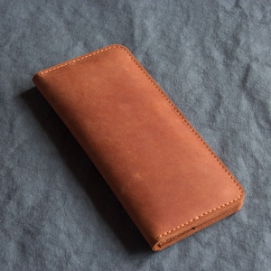Tan long wallet Leather checkbook Slim card holder image 1