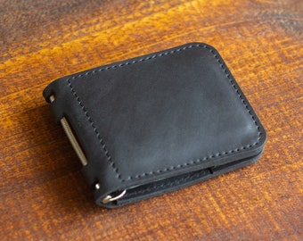 Men slim leather wallet Engraved money clip Compact wallet