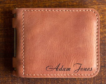 Billetera para hombre con clip para billetes Billetera de cuero grabada Porta billetes fino Imán para billetes personalizado