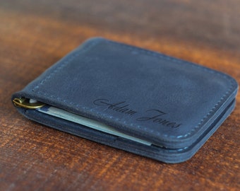 Cartera compacta Pinza para billetes grabada con tarjetero Cartera de piel azul