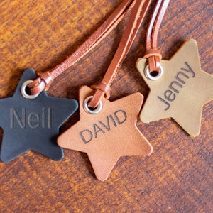 Kids bag tag Engraved name tag Leather tag keychain Star