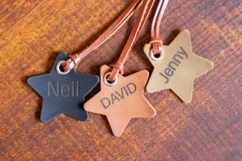 Kids bag tag Engraved name tag Leather tag keychain Star