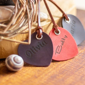Kids bag tag Engraved name tag Leather tag keychain Heart