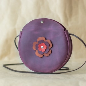 Summer leather bag Round girl purse Circle Bag with  floral design