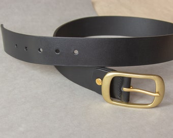 Mens leather black belt High quality brass buckle Womens  leather belt